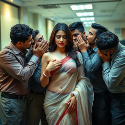 A provocative scene featuring a beautiful woman in a transparent saree, surrounded by several men in an office setting