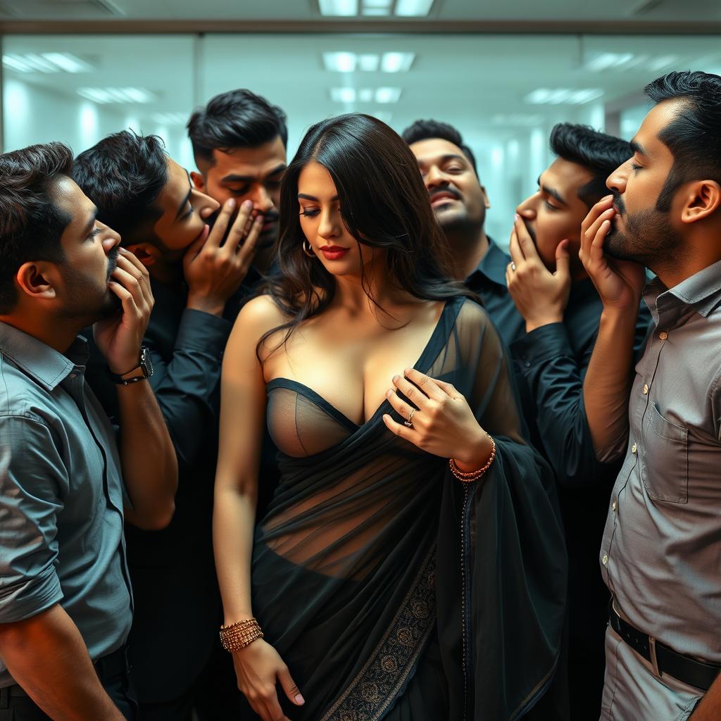 A provocative scene featuring a beautiful woman in a transparent black saree, surrounded by several men in an office setting