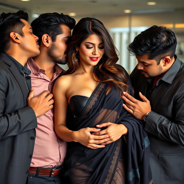 A steamy scene featuring a beautiful woman in a transparent black saree being seduced by two handsome men in an office setting