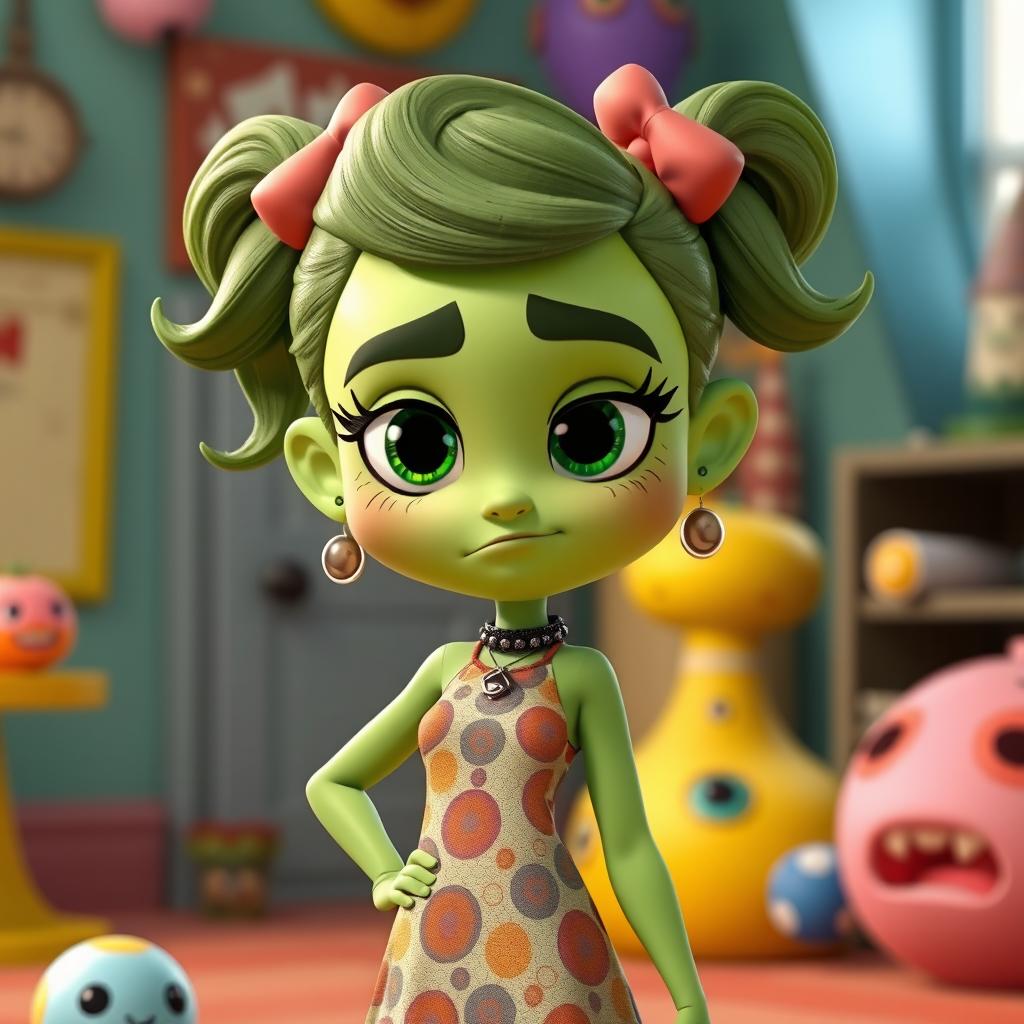 A 3D animated character inspired by the emotion disgust, featuring green skin and hair, wearing a stylish patterned dress