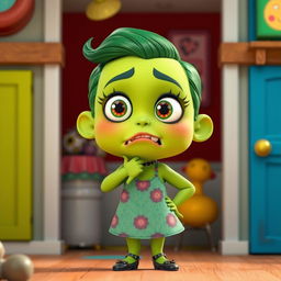 A 3D animated character inspired by the emotion disgust, featuring green skin and hair, wearing a stylish patterned dress