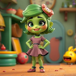 A 3D animated character inspired by the emotion disgust, featuring green skin and hair, wearing a stylish patterned dress