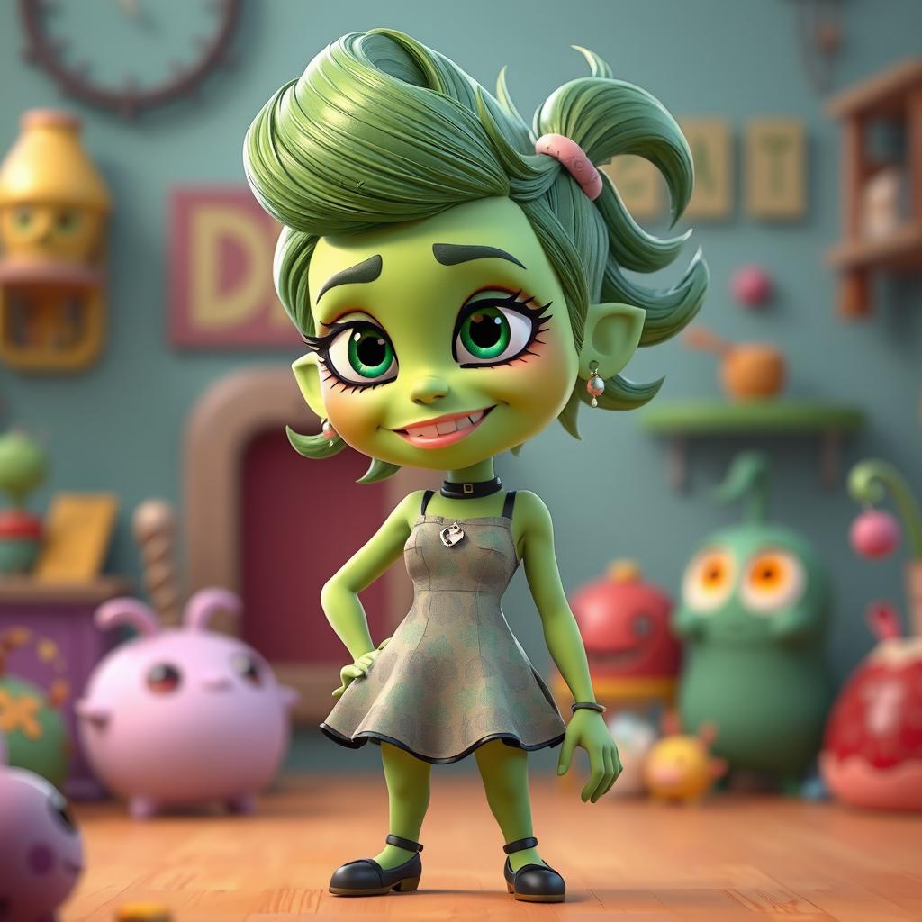 A 3D animated character inspired by the emotion disgust, featuring green skin and hair, wearing a stylish patterned dress