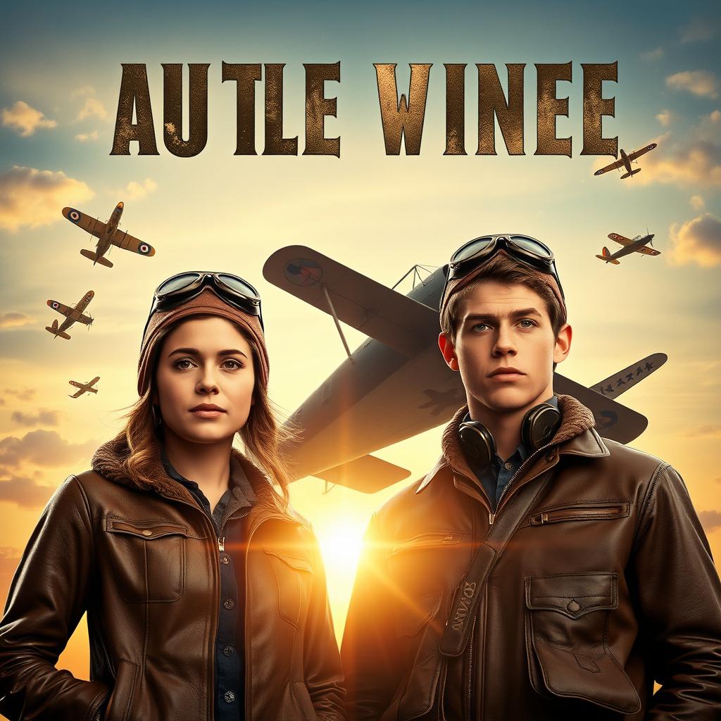 A vintage-style movie poster featuring two young aviators - a female and a male - standing confidently side by side