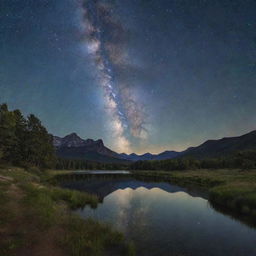 Generate a serene landscape under the dazzling stars of the Milky Way.