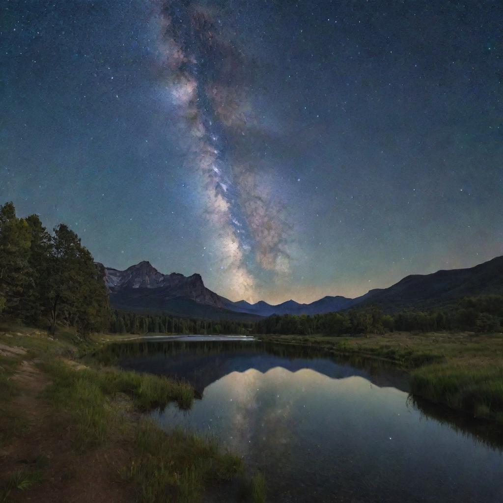 Generate a serene landscape under the dazzling stars of the Milky Way.