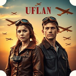 A vintage-style movie poster featuring two young aviators - a female and a male - standing confidently side by side