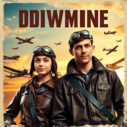 A vintage-style movie poster featuring two young aviators - a female and a male - standing confidently side by side