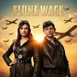 A vintage-style movie poster featuring two young aviators - a female and a male - standing confidently side by side