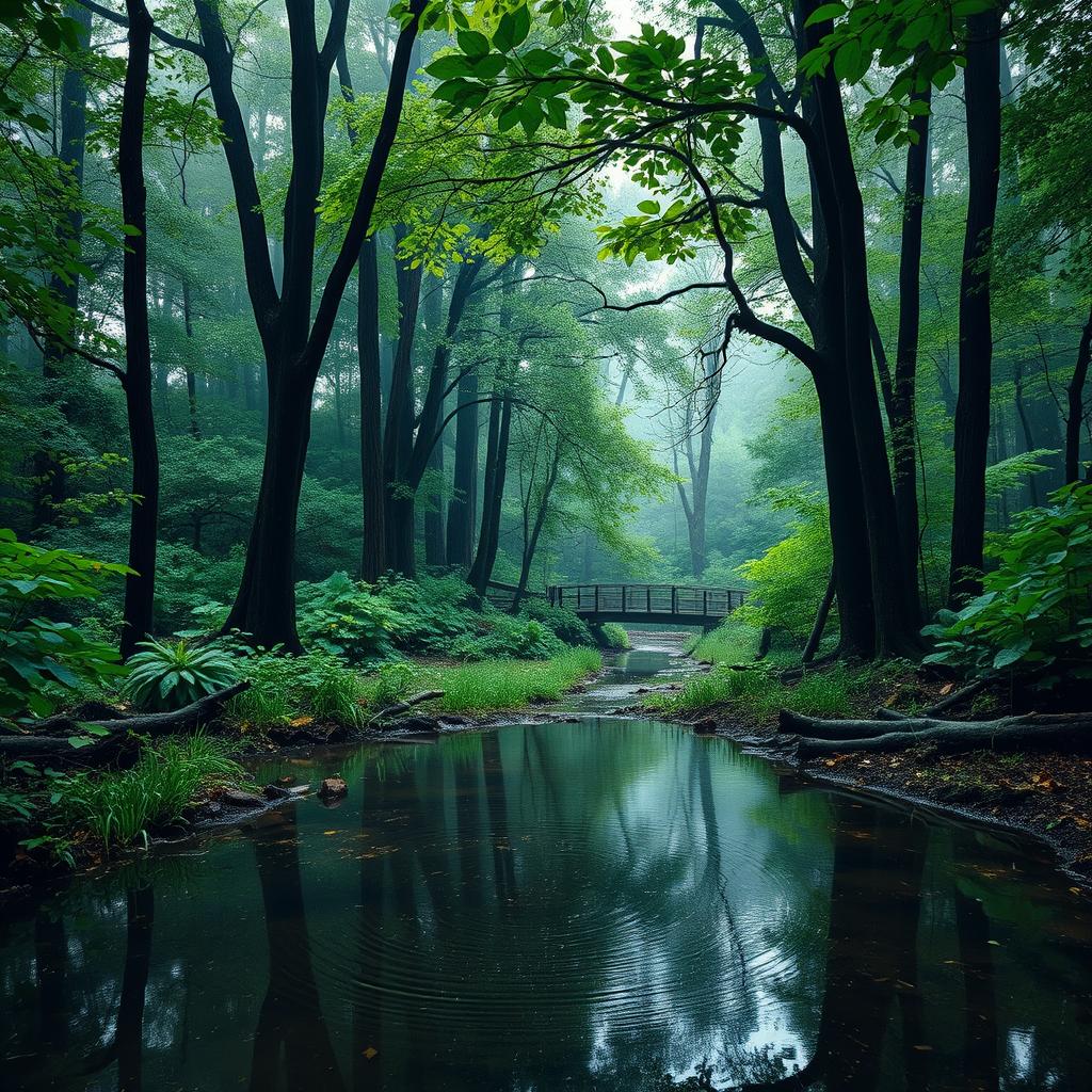 A serene landscape depicting a picturesque rain-soaked forest