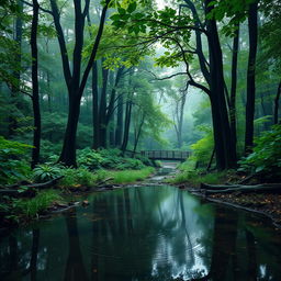 A serene landscape depicting a picturesque rain-soaked forest