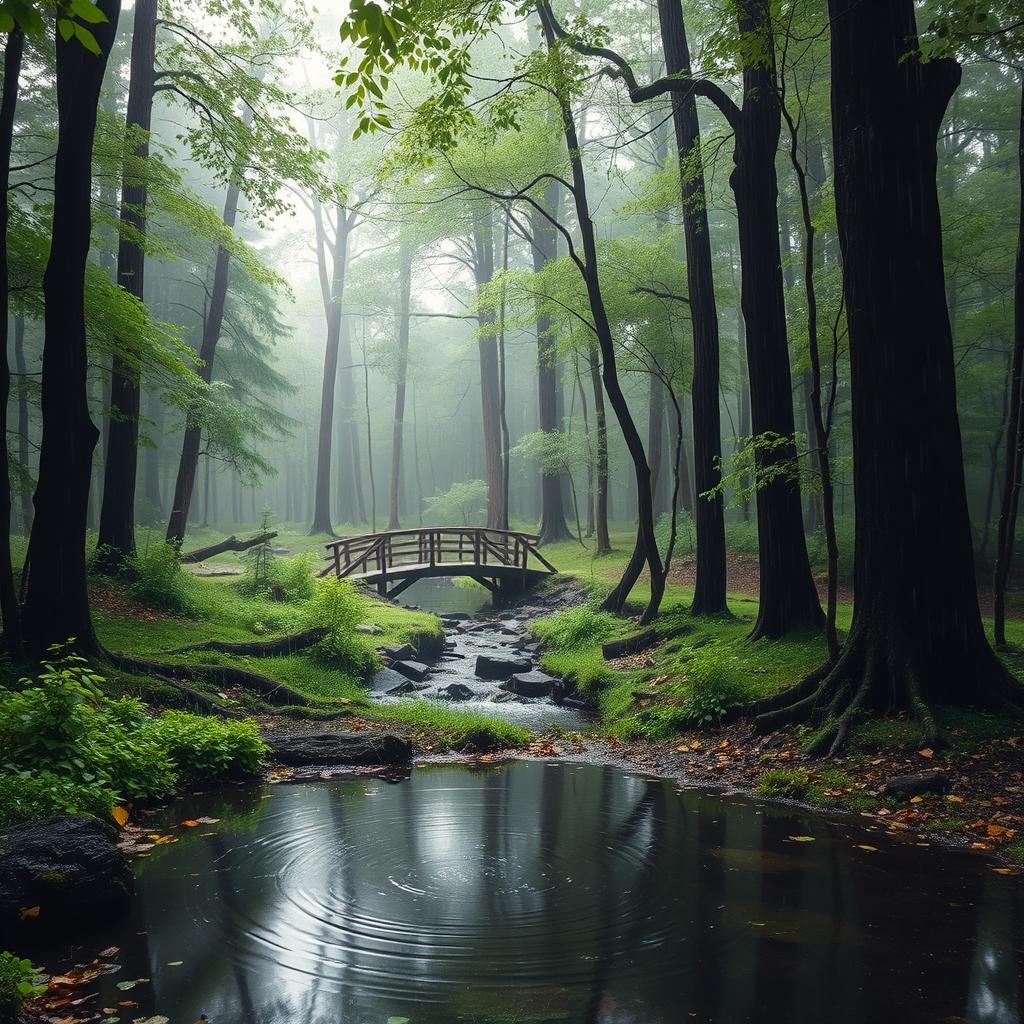 A serene landscape depicting a picturesque rain-soaked forest