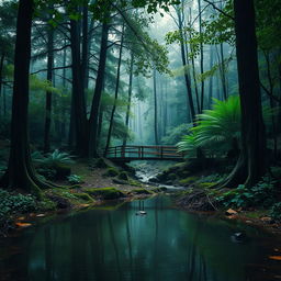 A serene landscape depicting a picturesque rain-soaked forest