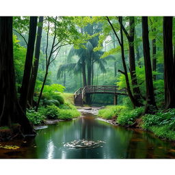 A serene landscape depicting a picturesque rain-soaked forest