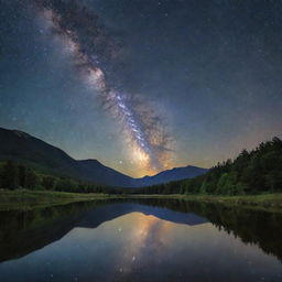 Generate a serene landscape under the dazzling stars of the Milky Way.