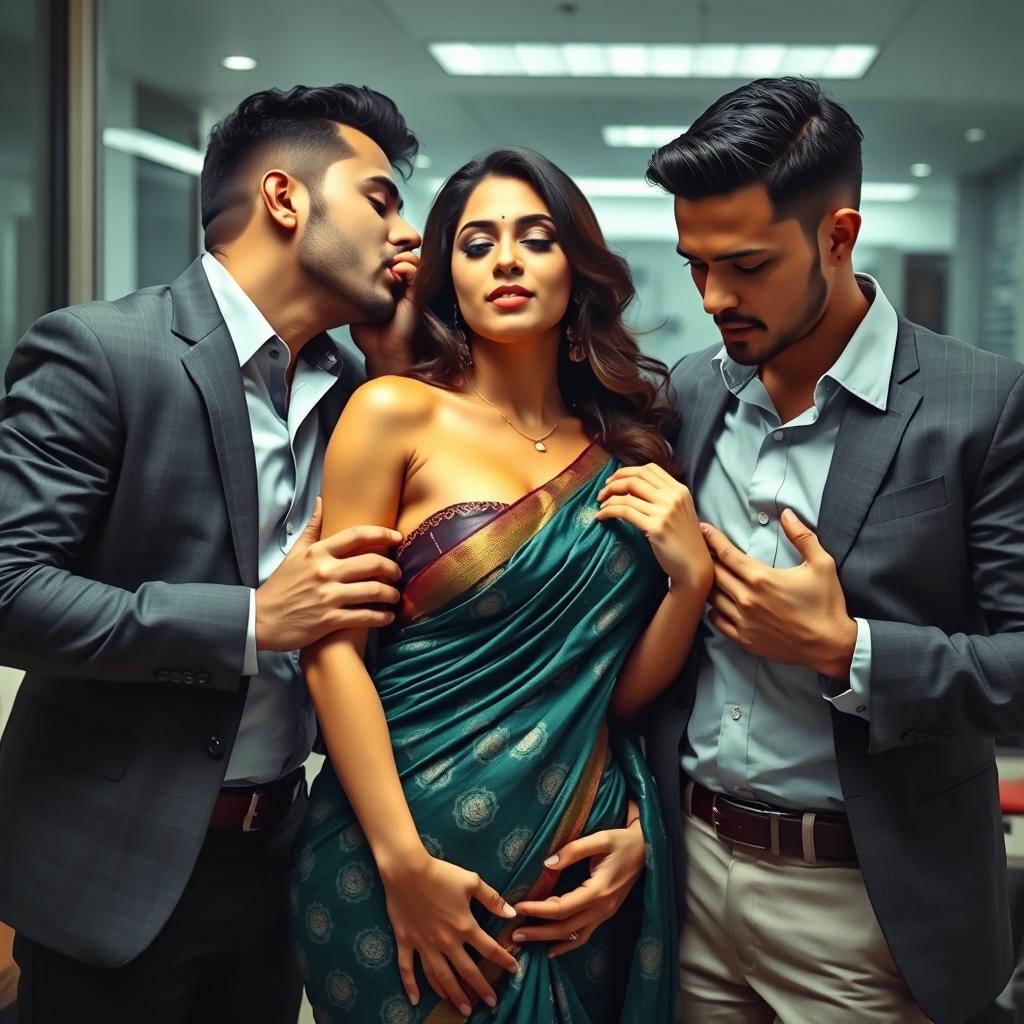 A steamy scene featuring a beautiful woman in a hot and sultry saree, being seduced by two handsome men in an office setting