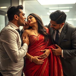 A steamy scene featuring a beautiful woman in a hot and sultry saree, being seduced by two handsome men in an office setting