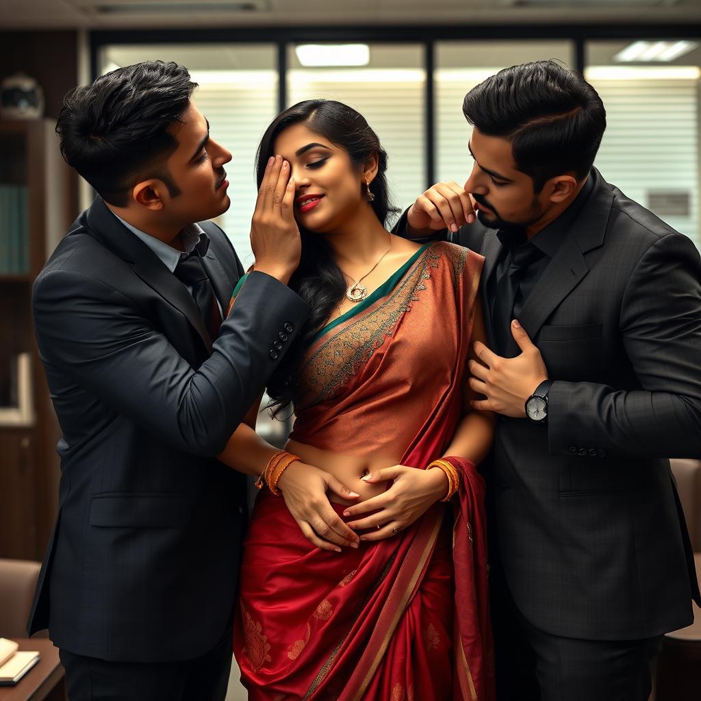 A steamy scene featuring a beautiful woman in a hot and sultry saree, being seduced by two handsome men in an office setting