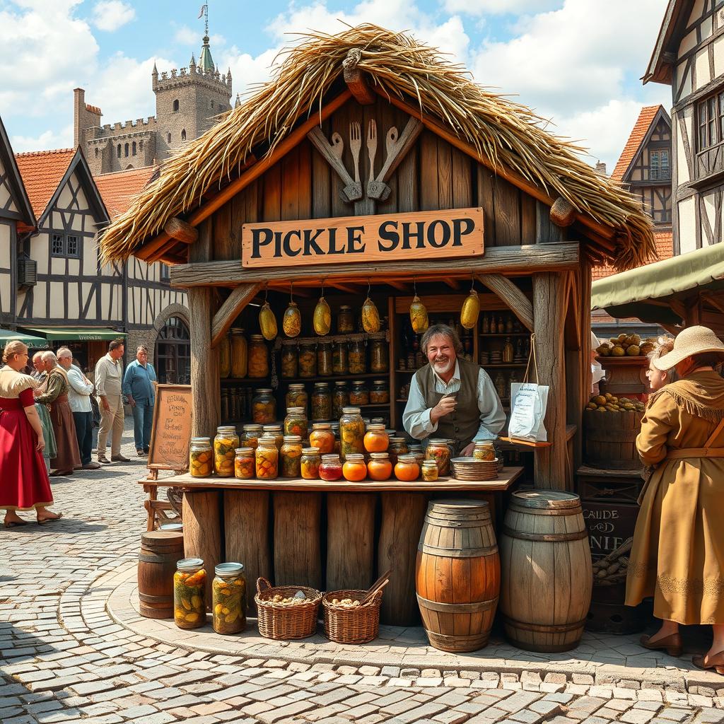 A bustling medieval market scene featuring a quaint pickle shop