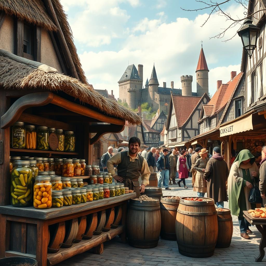 A bustling medieval market scene featuring a quaint pickle shop