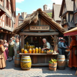 A bustling medieval market scene featuring a quaint pickle shop