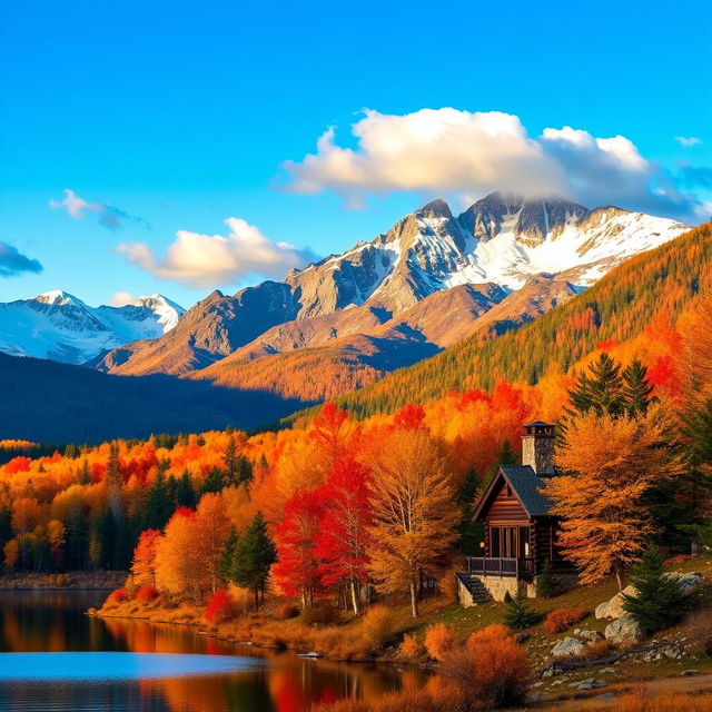 A breathtaking panoramic view of a mountainous landscape during autumn, with vibrant orange, red, and yellow foliage