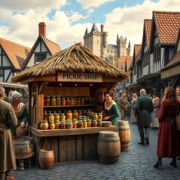 A bustling medieval market scene featuring a quaint pickle shop