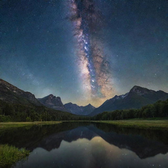 Generate a serene landscape under the dazzling stars of the Milky Way.