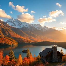 A breathtaking panoramic view of a mountainous landscape during autumn, with vibrant orange, red, and yellow foliage