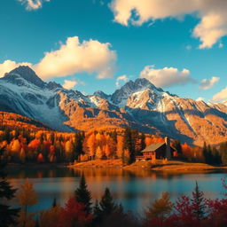 A breathtaking panoramic view of a mountainous landscape during autumn, with vibrant orange, red, and yellow foliage