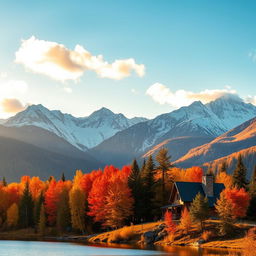 A breathtaking panoramic view of a mountainous landscape during autumn, with vibrant orange, red, and yellow foliage