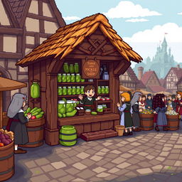 A pixel art scene depicting a medieval pickle shop