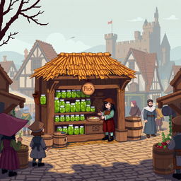 A pixel art scene depicting a medieval pickle shop