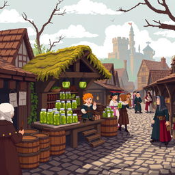 A pixel art scene depicting a medieval pickle shop