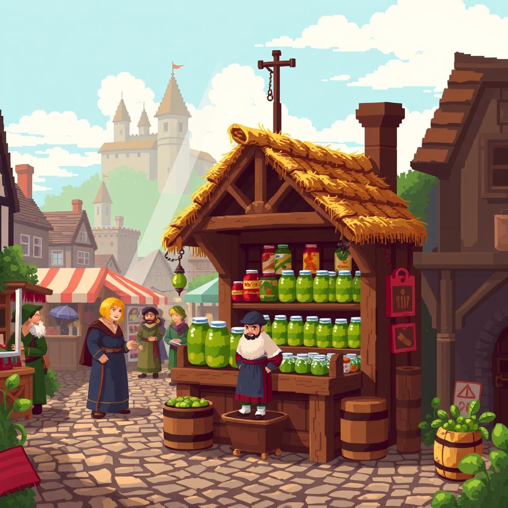 A pixel art scene depicting a medieval pickle shop