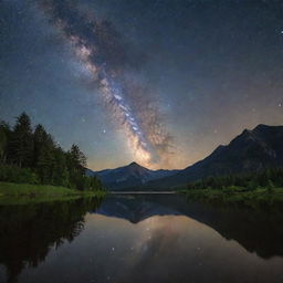 Generate a serene landscape under the dazzling stars of the Milky Way.