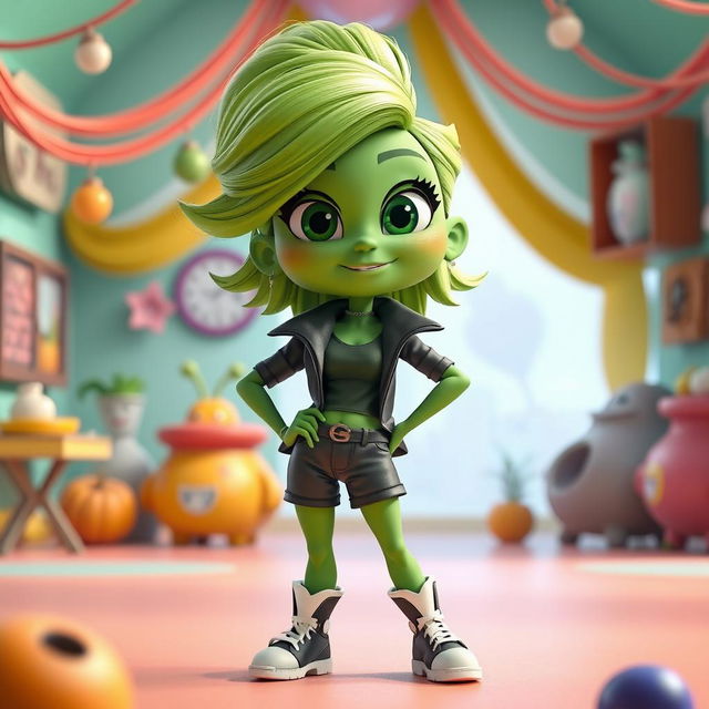 A 3D animated character inspired by the emotion disgust, with green skin and hair, wearing a stylish outfit