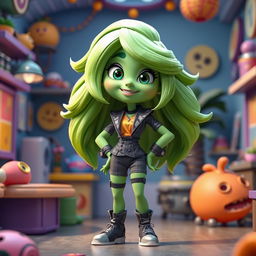 A 3D animated character inspired by the emotion disgust, with green skin and hair, wearing a stylish outfit