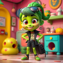 A 3D animated character inspired by the emotion disgust, with green skin and hair, wearing a stylish outfit