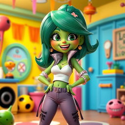 A 3D animated character inspired by the emotion disgust, with green skin and hair, wearing a stylish outfit