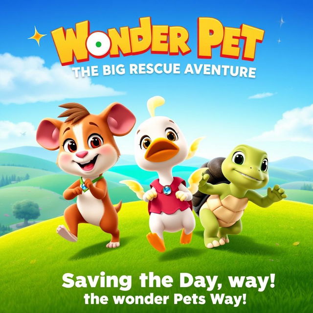 A whimsical and adventurous movie poster featuring the Wonder Pets trio - Linny the Guinea Pig, Ming-Ming the Duckling, and Tuck the Turtle