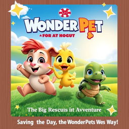 A whimsical and adventurous movie poster featuring the Wonder Pets trio - Linny the Guinea Pig, Ming-Ming the Duckling, and Tuck the Turtle