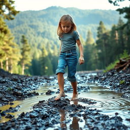 In a picturesque landscape, Lily, with determination in her eyes, stands barefoot, stepping into a deep, muddy puddle on her way to the forest