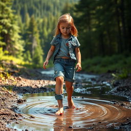 In a picturesque landscape, Lily, with determination in her eyes, stands barefoot, stepping into a deep, muddy puddle on her way to the forest