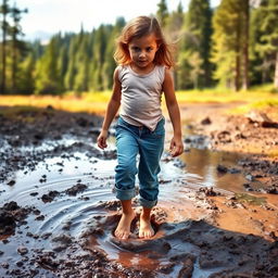 In a picturesque landscape, Lily, with determination in her eyes, stands barefoot, stepping into a deep, muddy puddle on her way to the forest