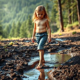 In a picturesque landscape, Lily, with determination in her eyes, stands barefoot, stepping into a deep, muddy puddle on her way to the forest