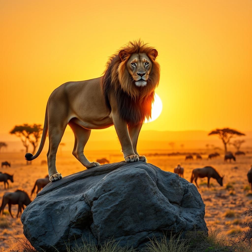 A majestic lion at sunrise, standing on a rocky outcrop in the African savannah