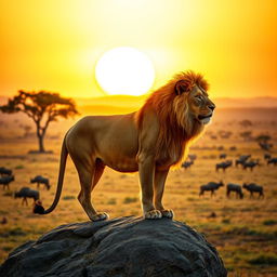 A majestic lion at sunrise, standing on a rocky outcrop in the African savannah