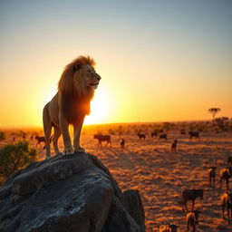 A majestic lion at sunrise, standing on a rocky outcrop in the African savannah