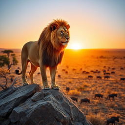 A majestic lion at sunrise, standing on a rocky outcrop in the African savannah